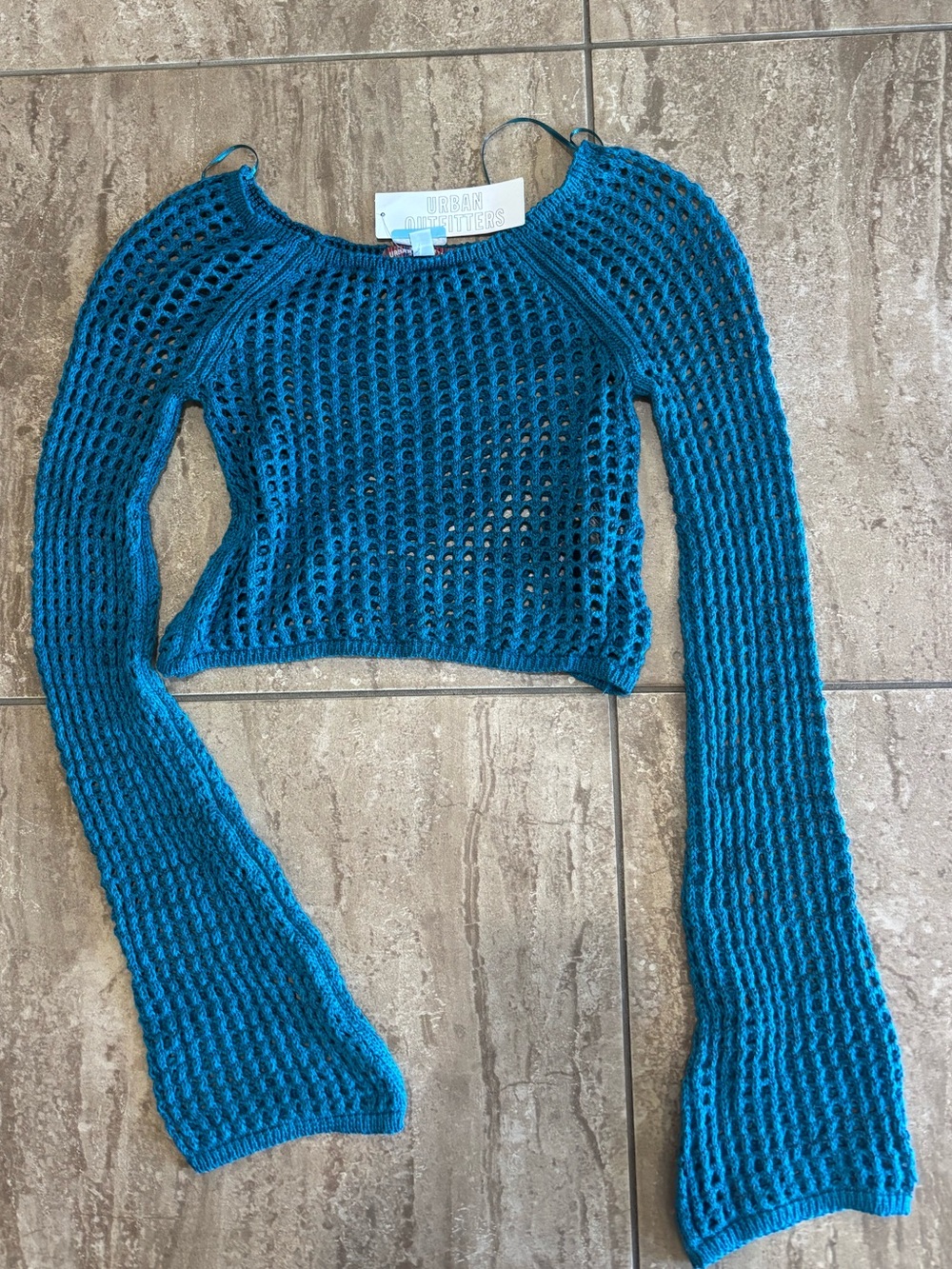 Urban Outfitters Chloe open knit teal crochet long sleeve crochet sweater